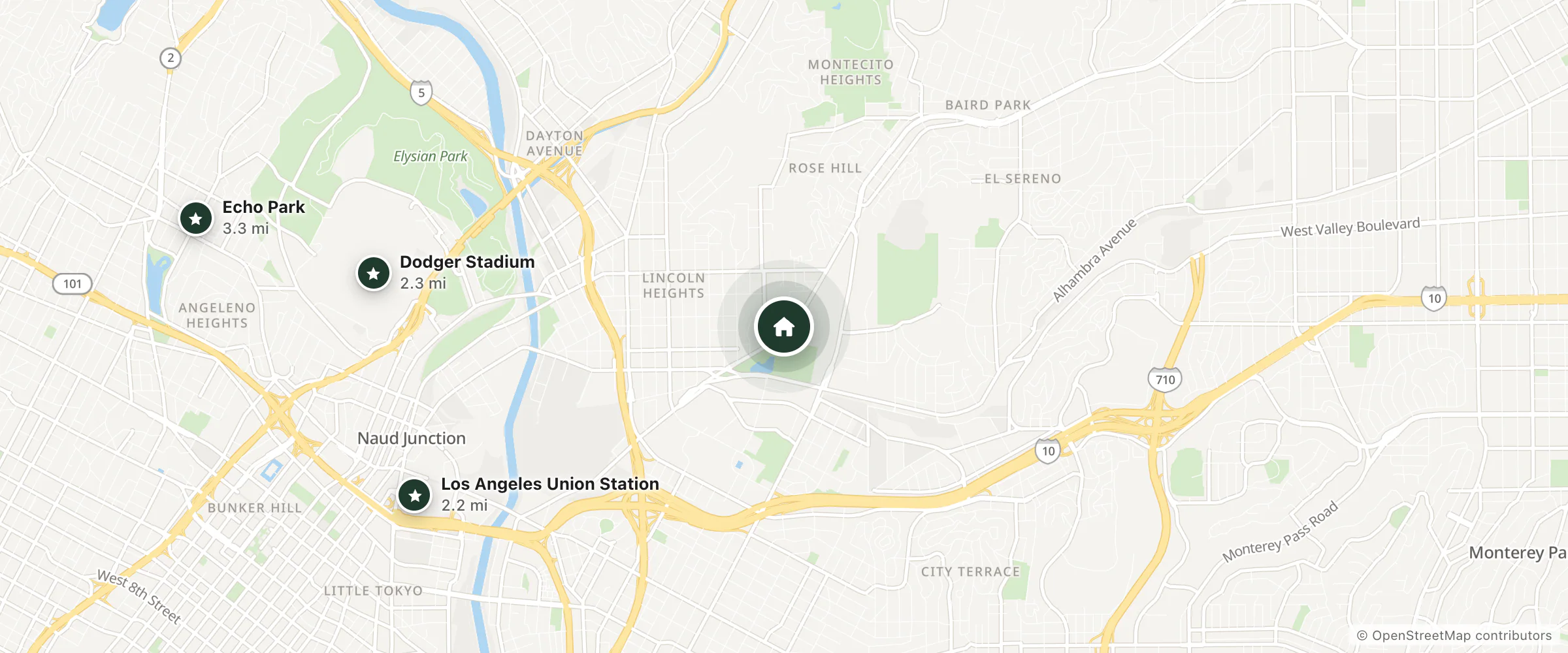 Map of Lincoln Park Motel and nearby Los Angeles Union Station, Dodger Stadium and Echo Park