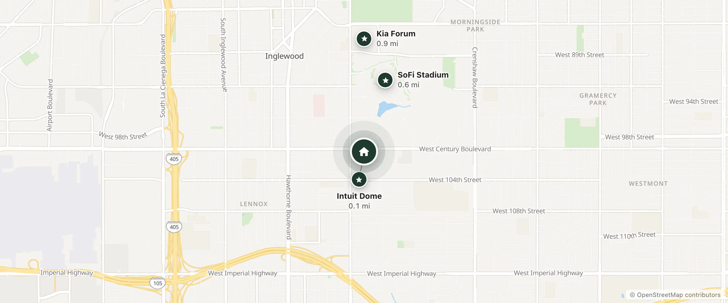 Map of Airport Park View Hotel and nearby Intuit Dome, SoFi Stadium and Kia Forum