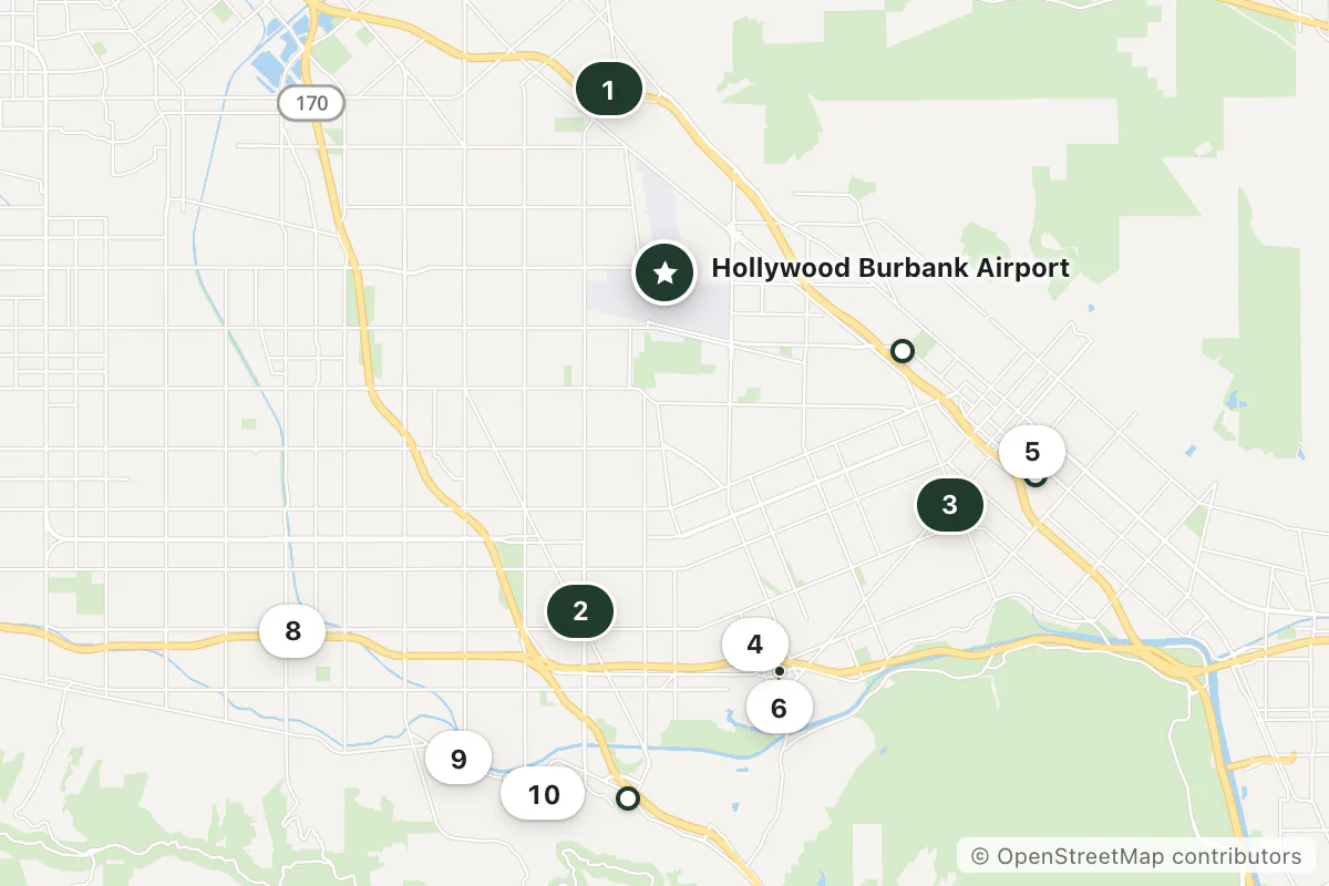 Map of the top 12 hotels for this question around Hollywood Burbank Airport