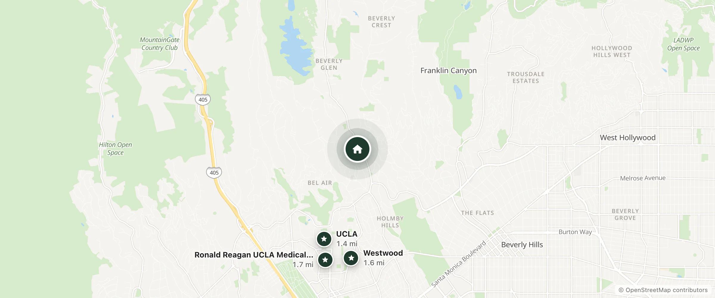 Map of The Bel Air Treehouse and nearby UCLA, Westwood and Ronald Reagan UCLA Medical Center