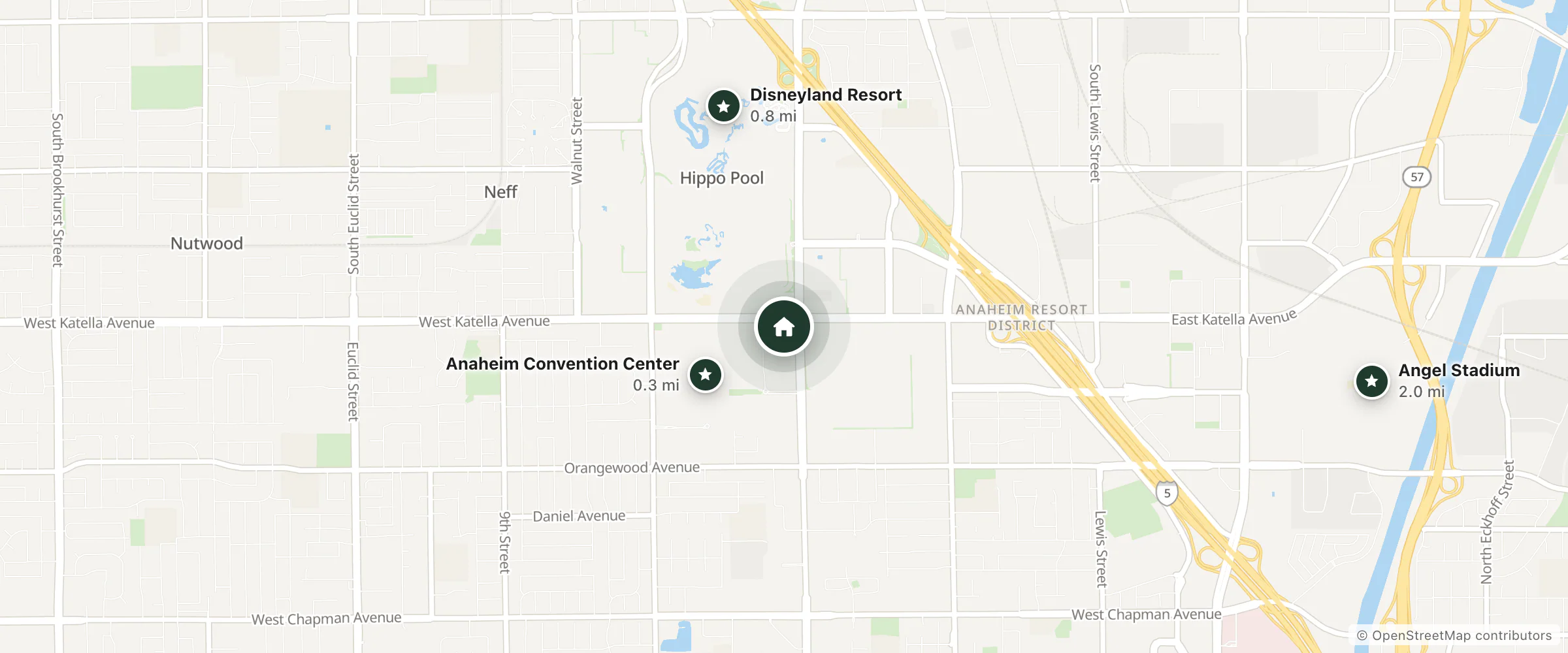 Map of SpringHill Suites and nearby Anaheim Convention Center, Disneyland Resort and Angel Stadium