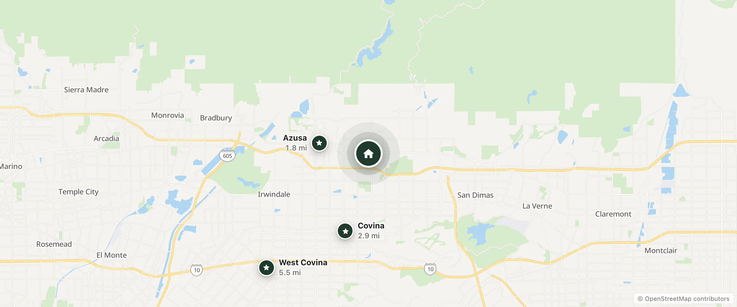 Map of Garden Inn and Suites and nearby Azusa, Covina and West Covina