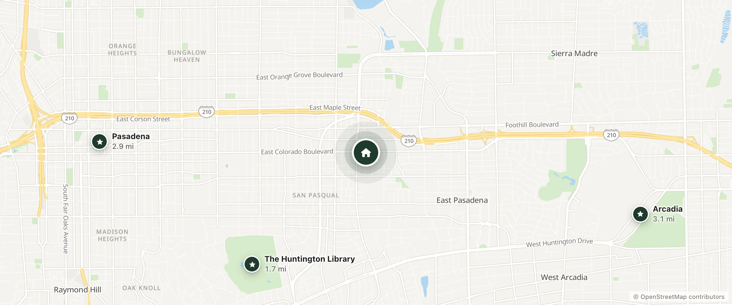 Map of La Casa Inn and nearby The Huntington Library, Pasadena and Arcadia