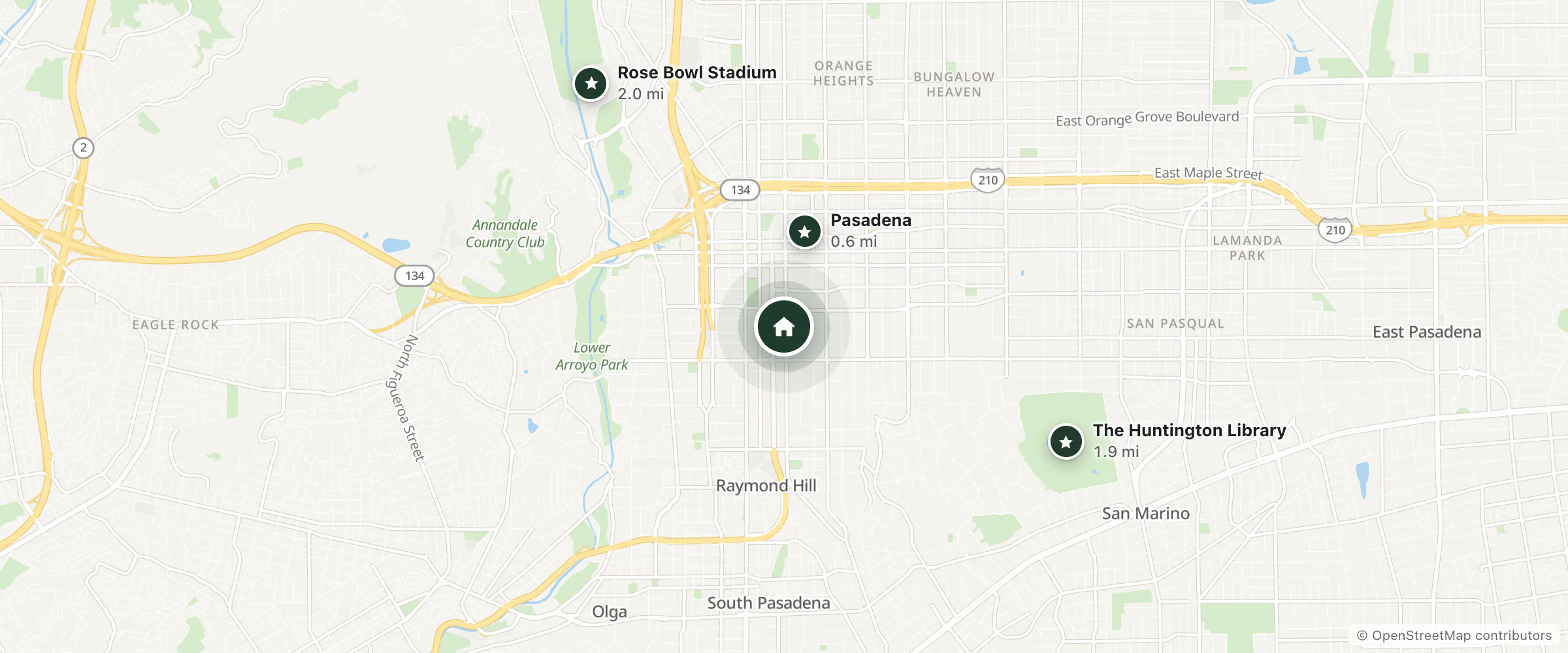 Map of Evanston Inn and nearby Pasadena, The Huntington Library and Rose Bowl Stadium