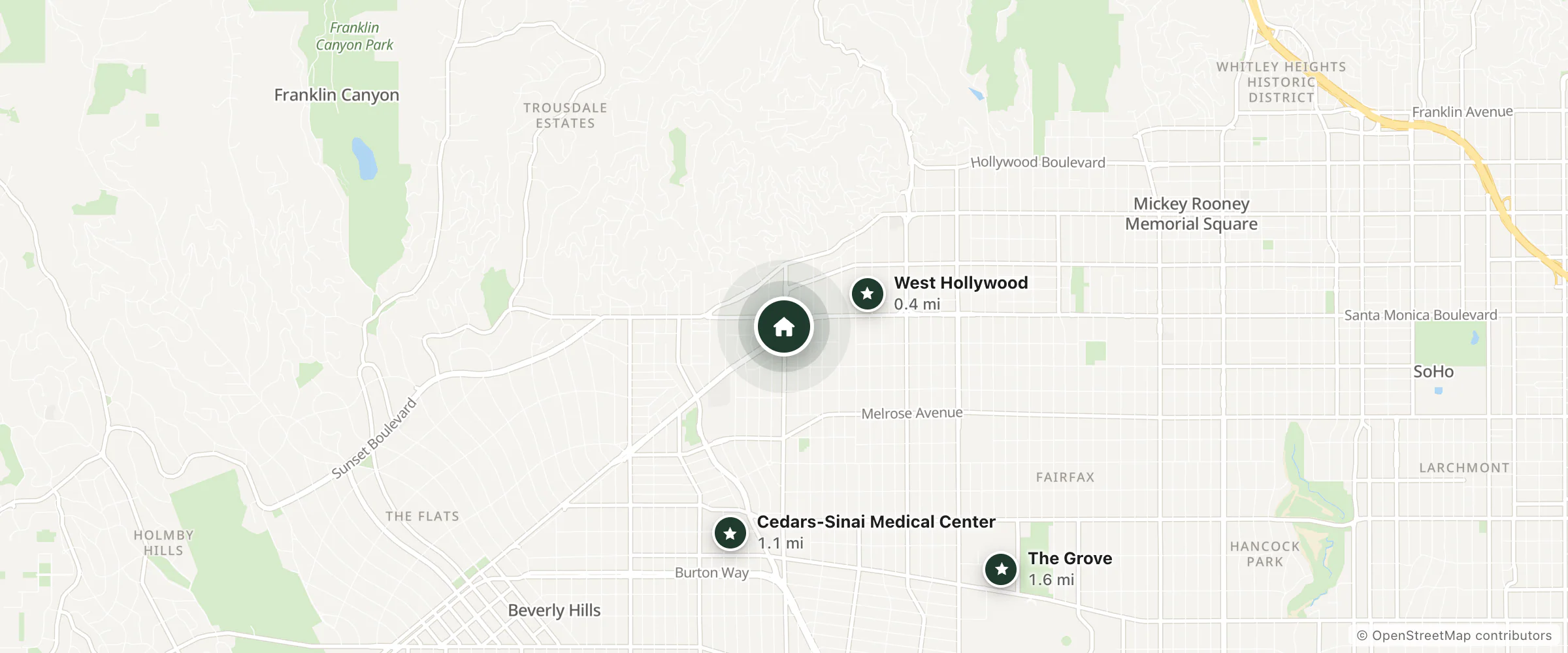Map of Alta Cienega Motel and nearby West Hollywood, Cedars-Sinai Medical Center and The Grove
