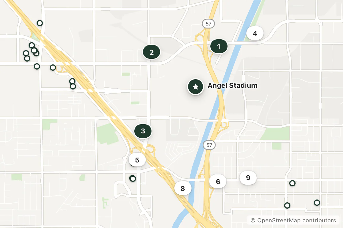 Map of the top 25 hotels for this question around Angel Stadium