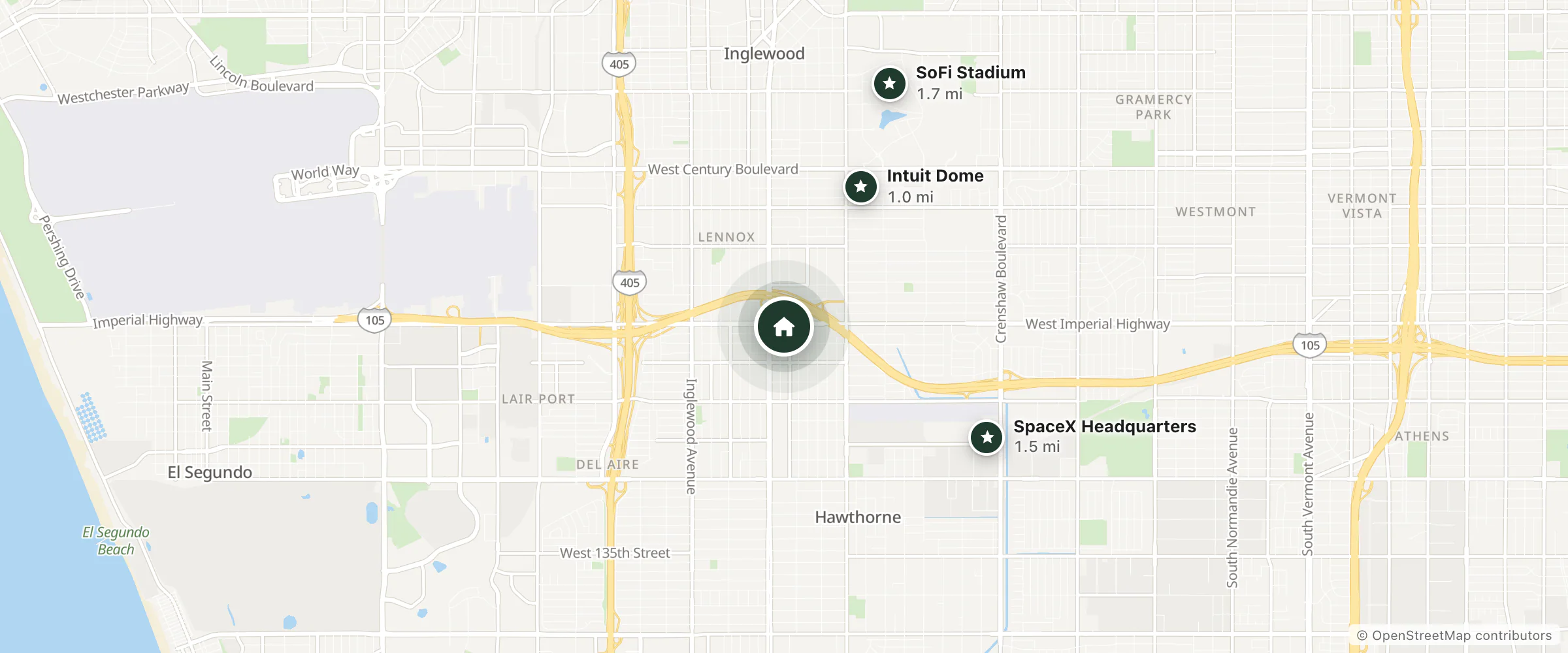 Map of Hampton Inn Los Angeles Intl Airport Hawthorne and nearby Intuit Dome, SpaceX Headquarters and SoFi Stadium
