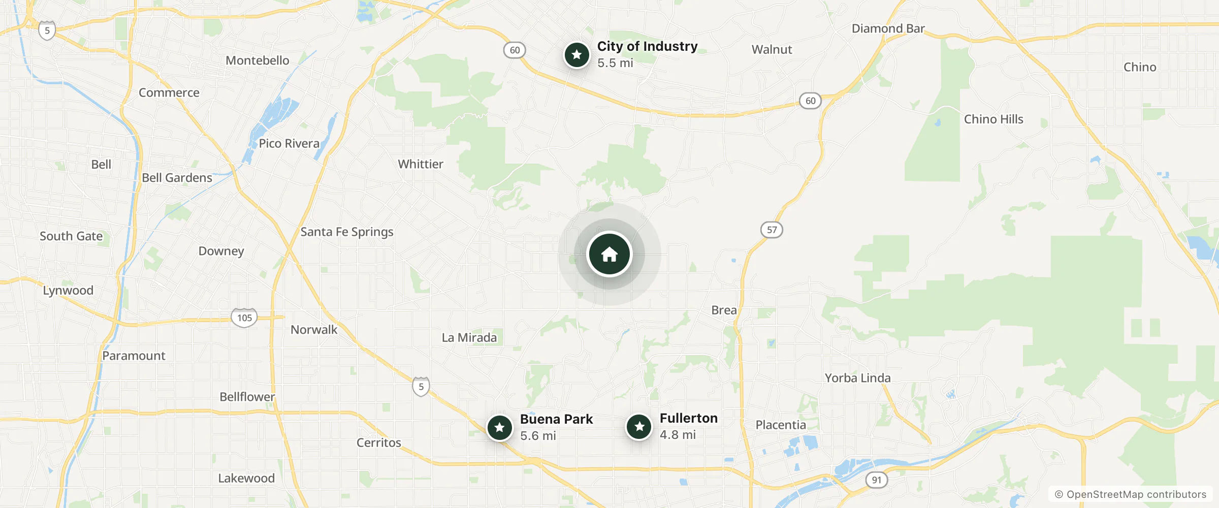 Map of Hyland Motel and nearby Fullerton, City of Industry and Buena Park
