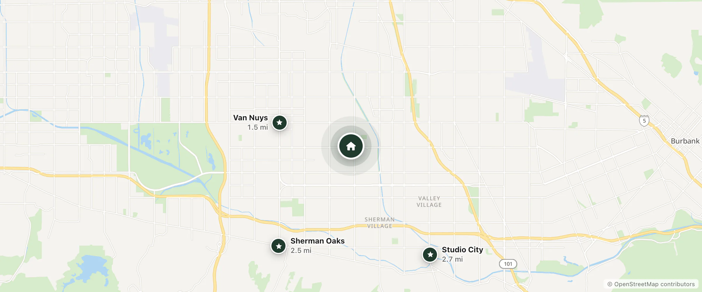 Map of Sunshine La and nearby Van Nuys, Sherman Oaks and Studio City