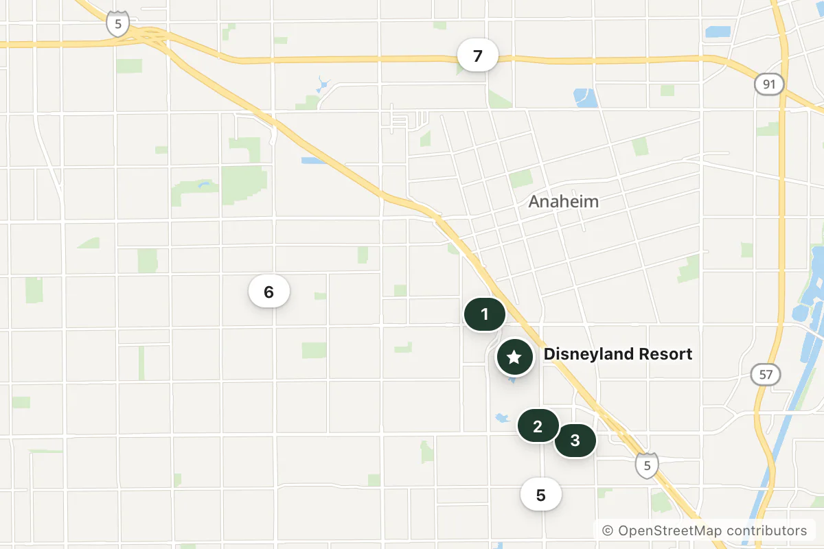 Map of the top 7 hotels for this question around Disneyland Resort