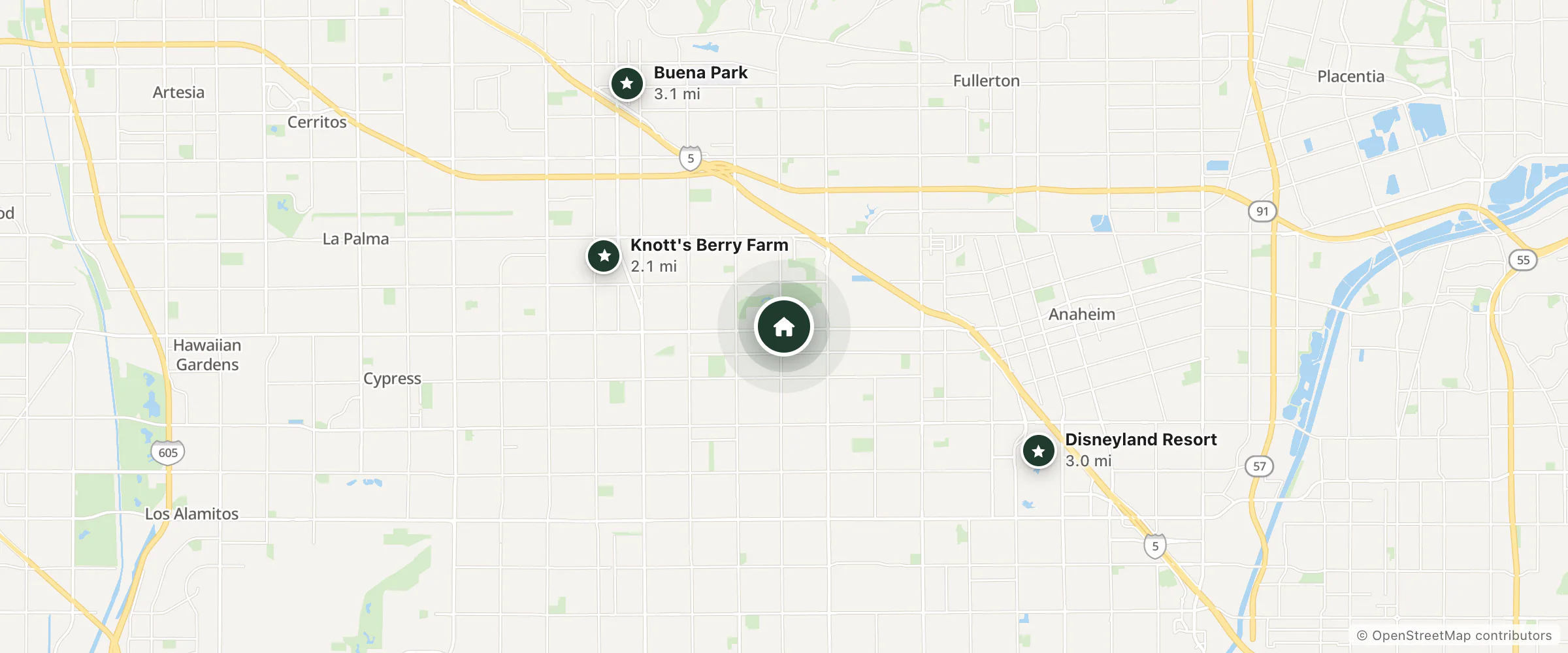 Map of Hotel Pepper Tree and nearby Knott's Berry Farm, Disneyland Resort and Buena Park