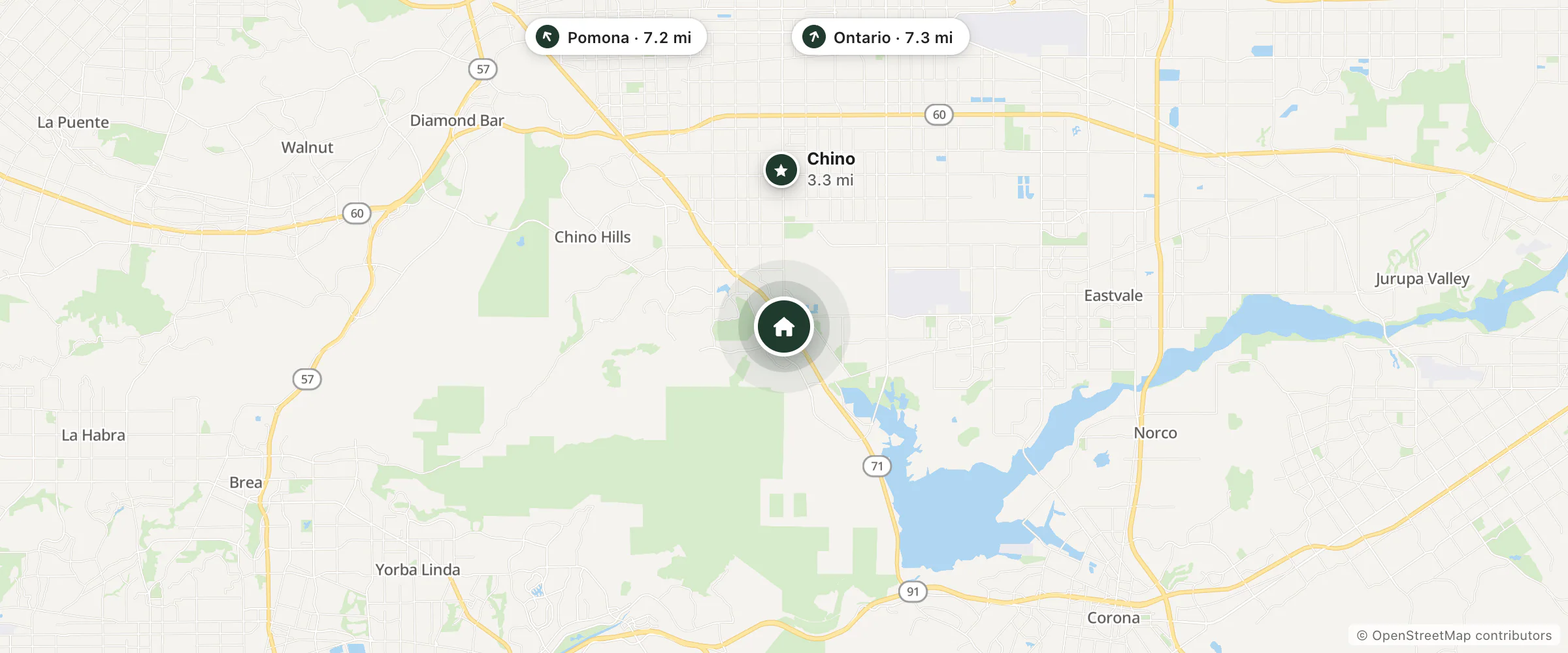 Map of TownePlace Suites and nearby Chino, Pomona and Ontario