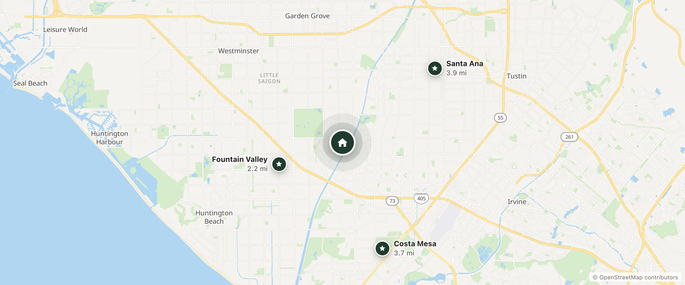 Map of Residence Inn by Marriott Fountain Valley and nearby Fountain Valley, Costa Mesa and Santa Ana
