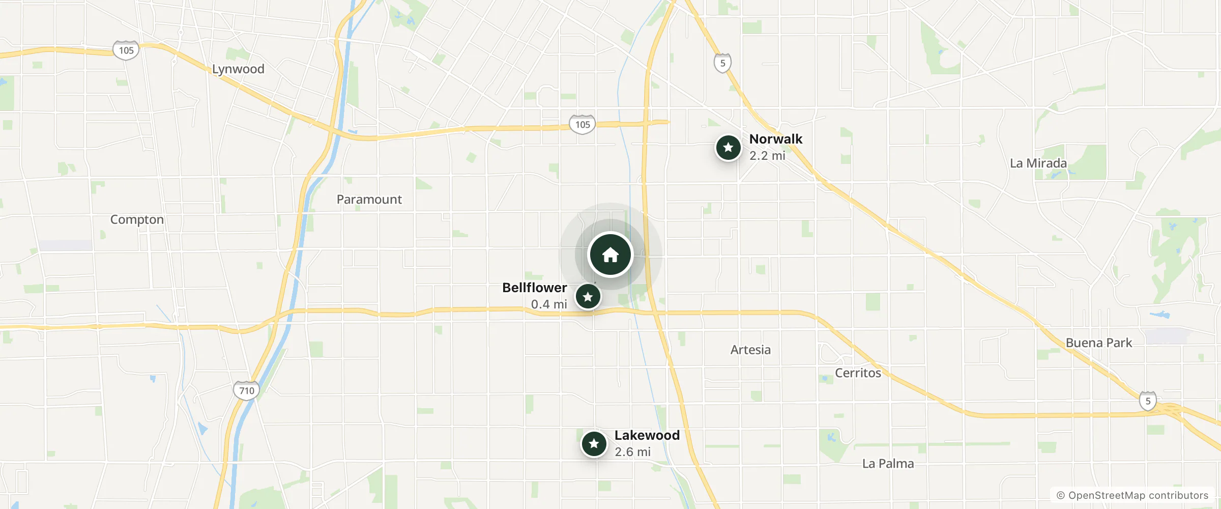 Map of Value Inn Bellflower and nearby Bellflower, Norwalk and Lakewood