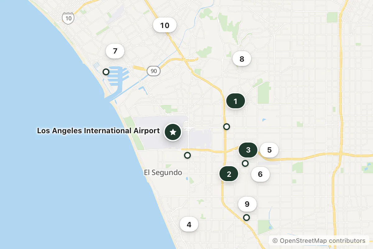 Map of the top 16 hotels for this question around Los Angeles International Airport