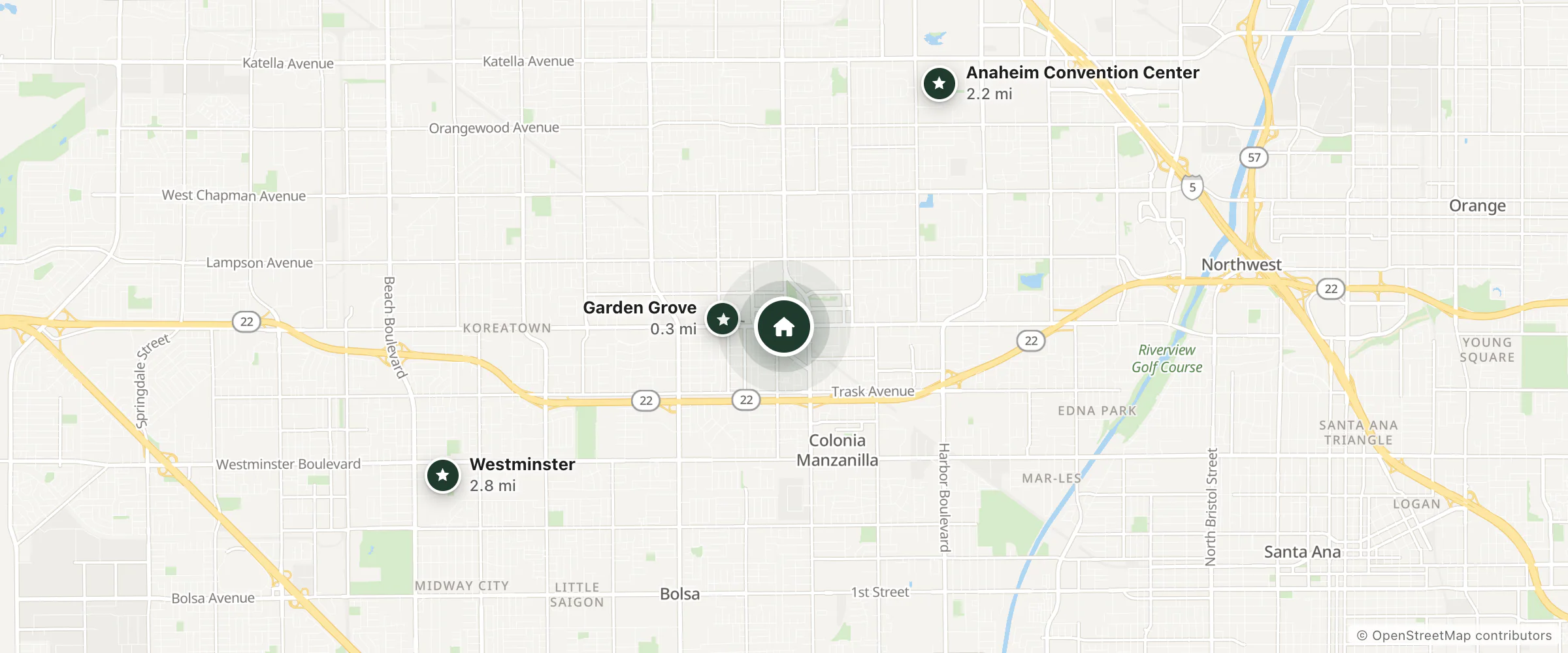 Map of Sonesta Simply Suites Garden Grove Anaheim and nearby Garden Grove, Anaheim Convention Center and Westminster