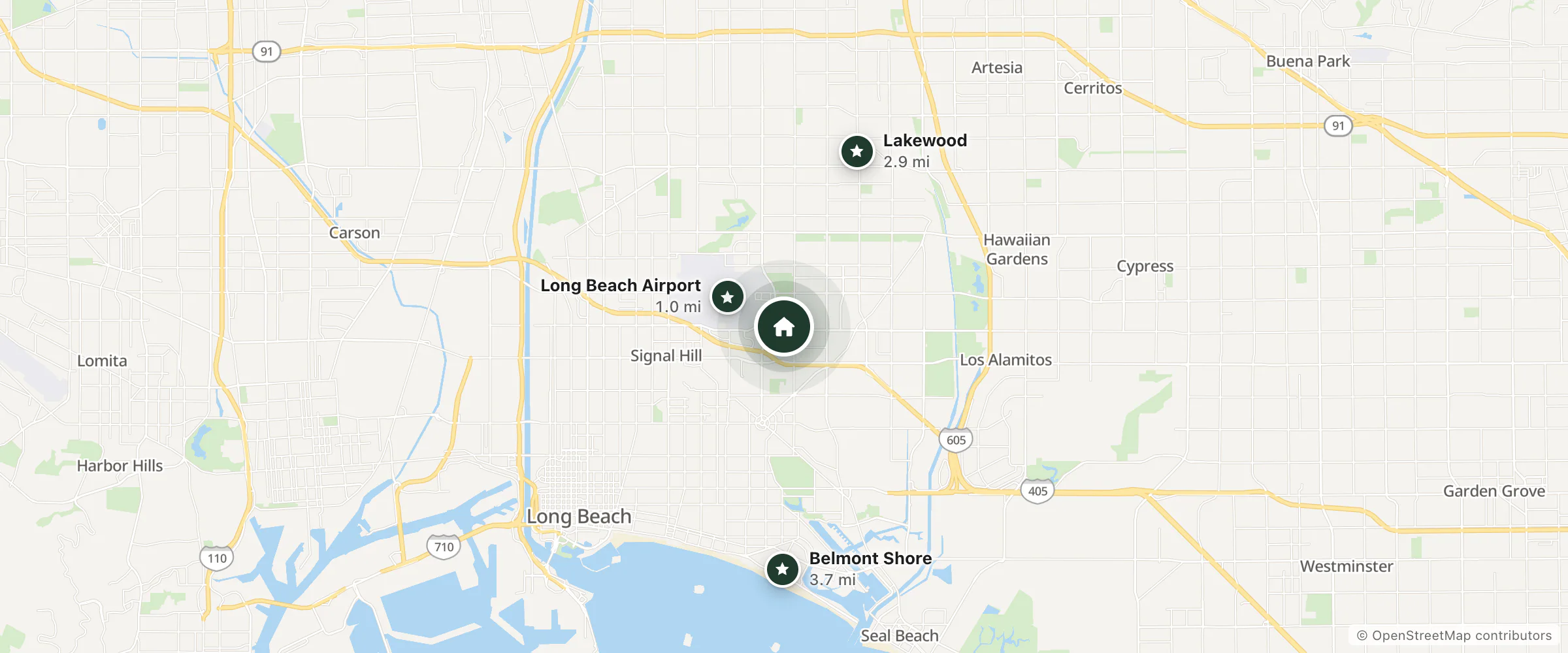 Map of Marriott and nearby Long Beach Airport, Lakewood and Belmont Shore