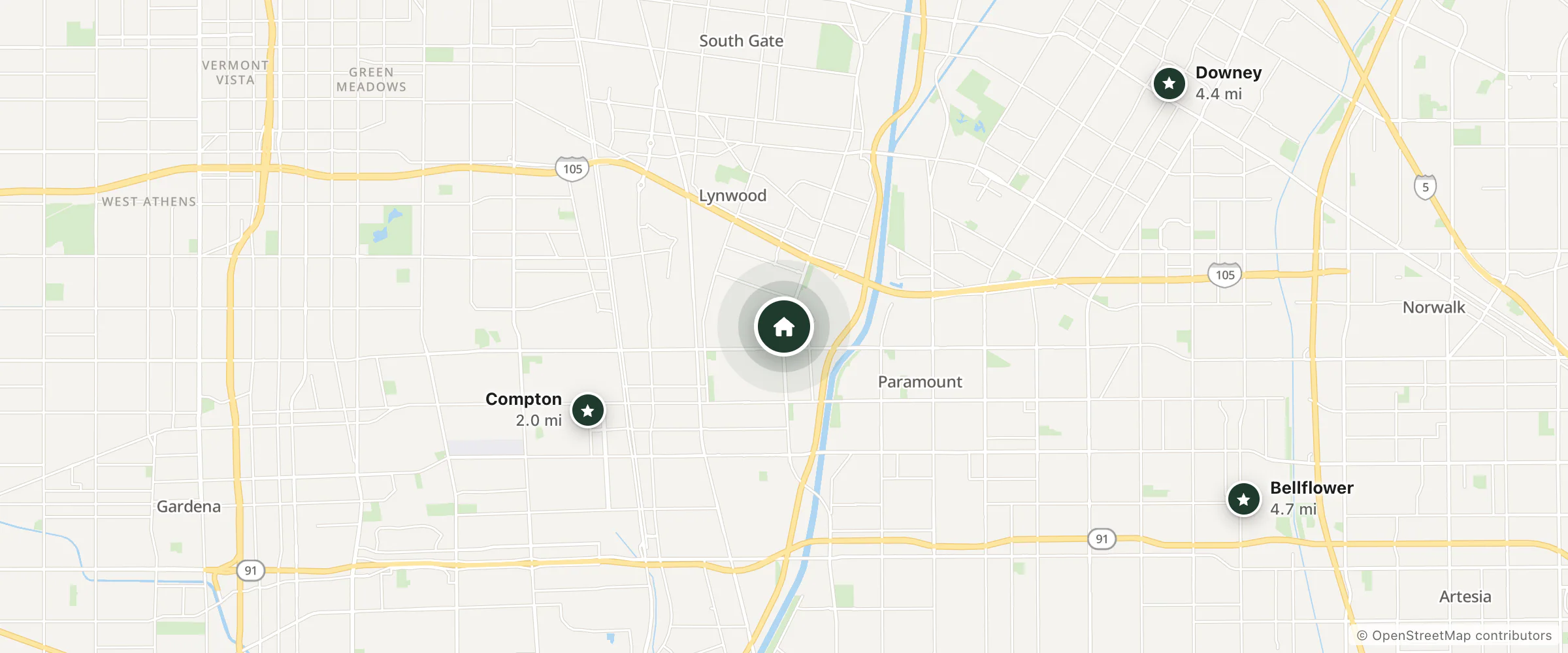 Map of Curve Motel and nearby Compton, Downey and Bellflower