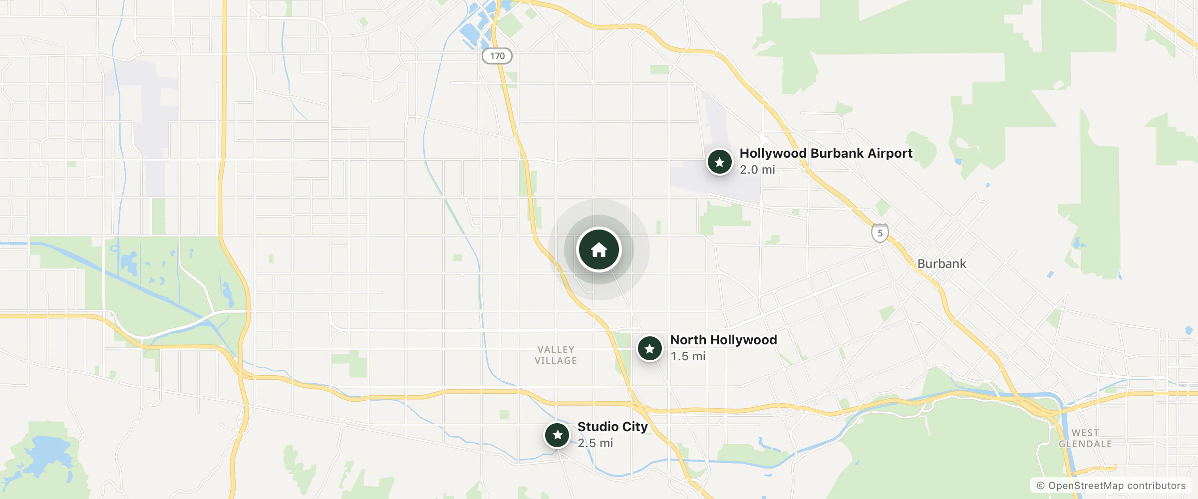 Map of Silver Saddle Motel and nearby North Hollywood, Hollywood Burbank Airport and Studio City