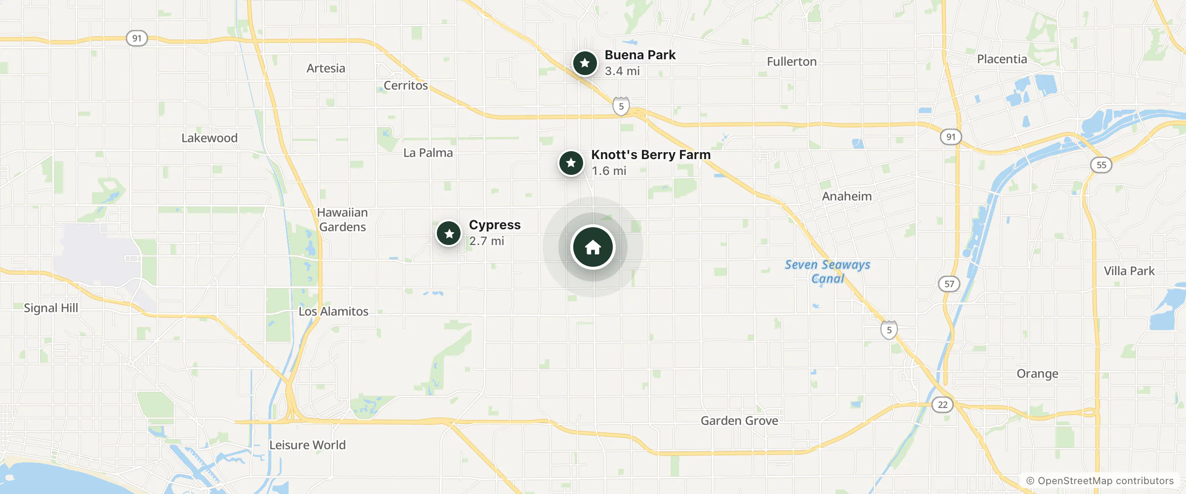Map of Holiday Inn Express Anaheim West and nearby Knott's Berry Farm, Cypress and Buena Park