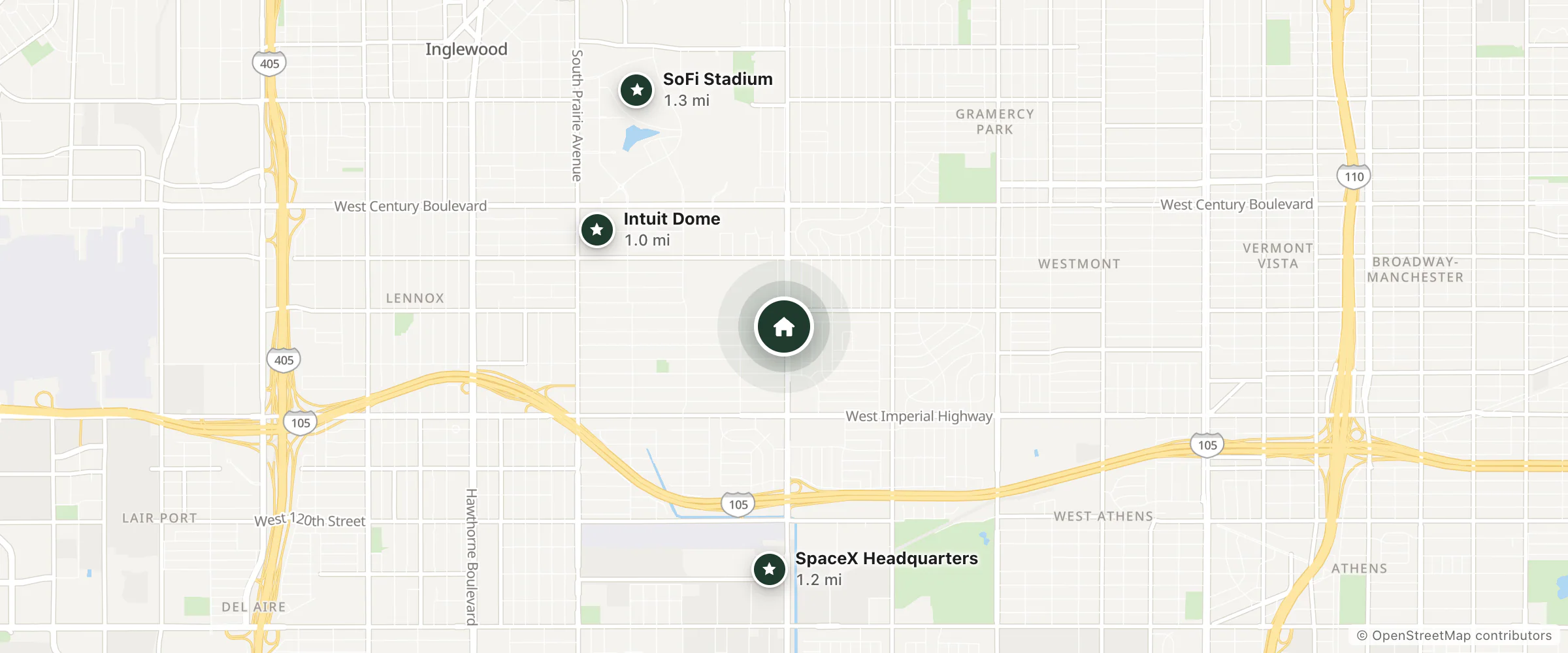 Map of Amber Motel LLP and nearby Intuit Dome, SpaceX Headquarters and SoFi Stadium