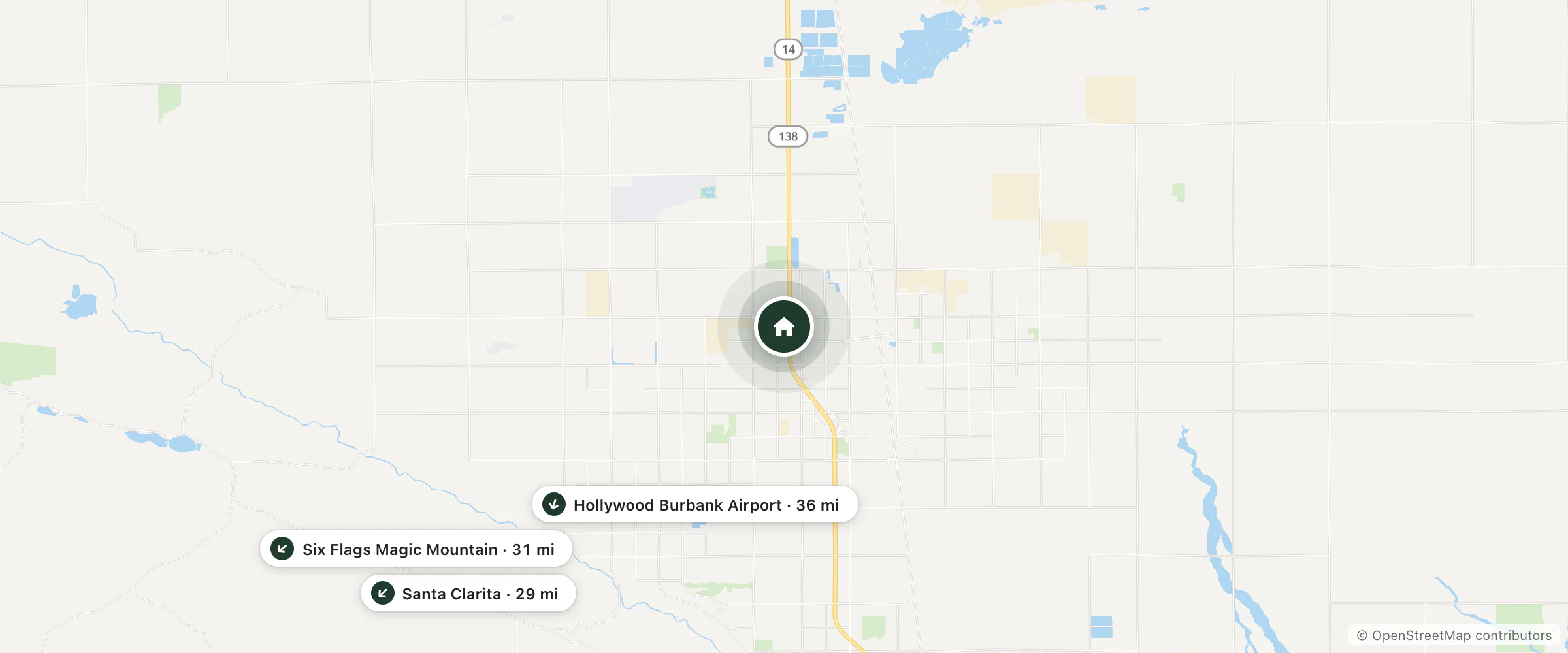Map of Homewood Suites and nearby Santa Clarita, Six Flags Magic Mountain and Hollywood Burbank Airport