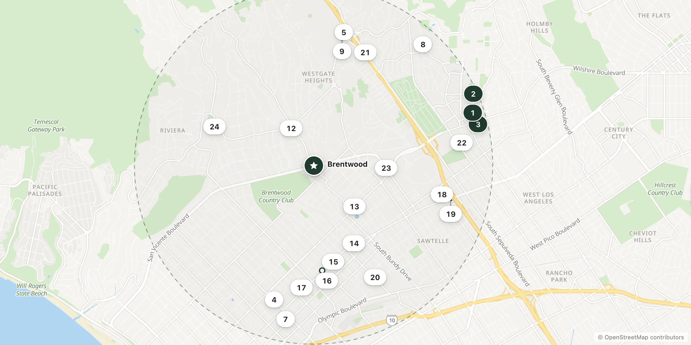 Map of hotels near Brentwood