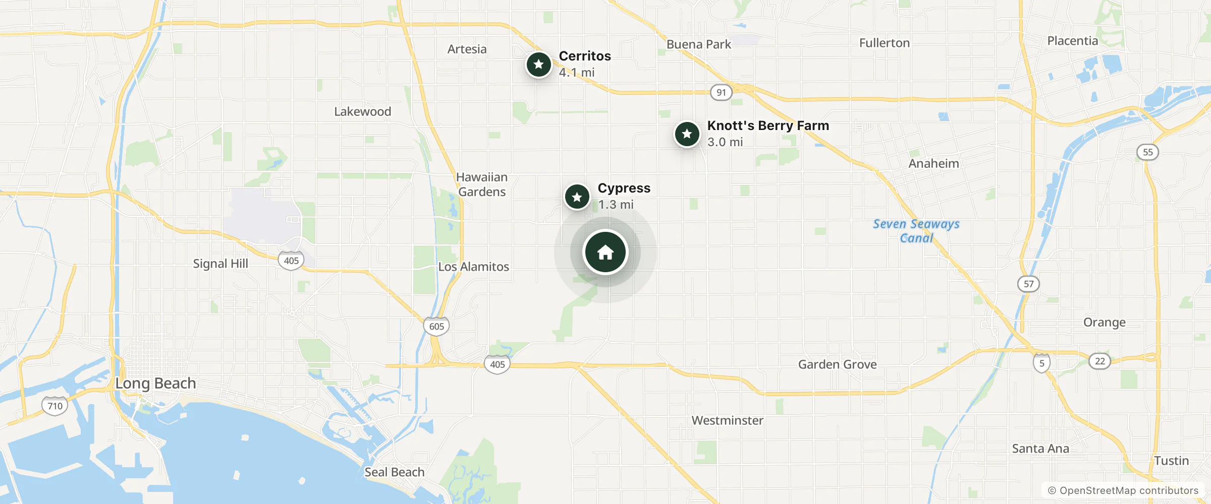 Map of Hyatt House Cypress/Anaheim and nearby Cypress, Knott's Berry Farm and Cerritos