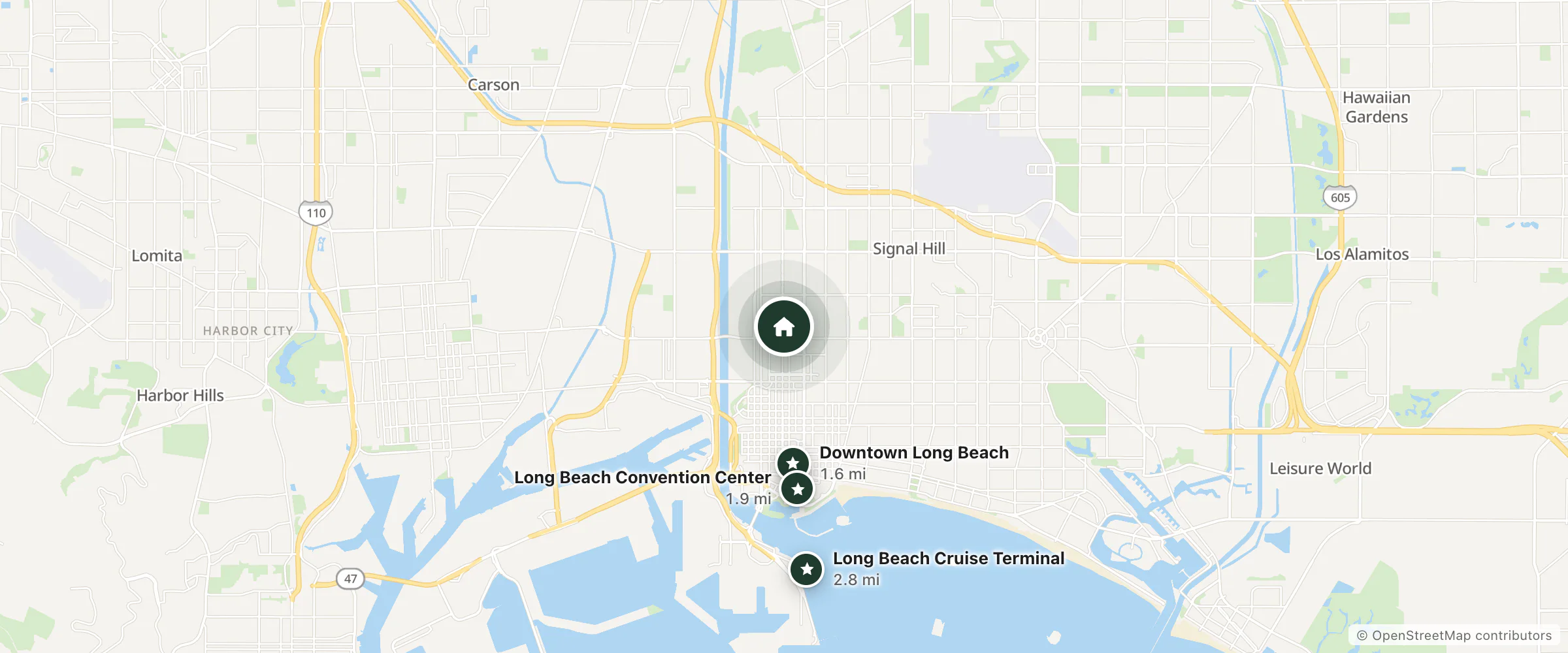 Map of Ruby Motel and nearby Downtown Long Beach, Long Beach Convention Center and Long Beach Cruise Terminal