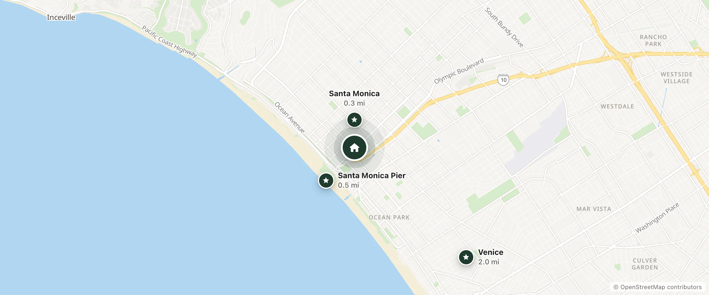 Map of Hampton Inn and Suites Santa Monica and nearby Santa Monica, Santa Monica Pier and Venice