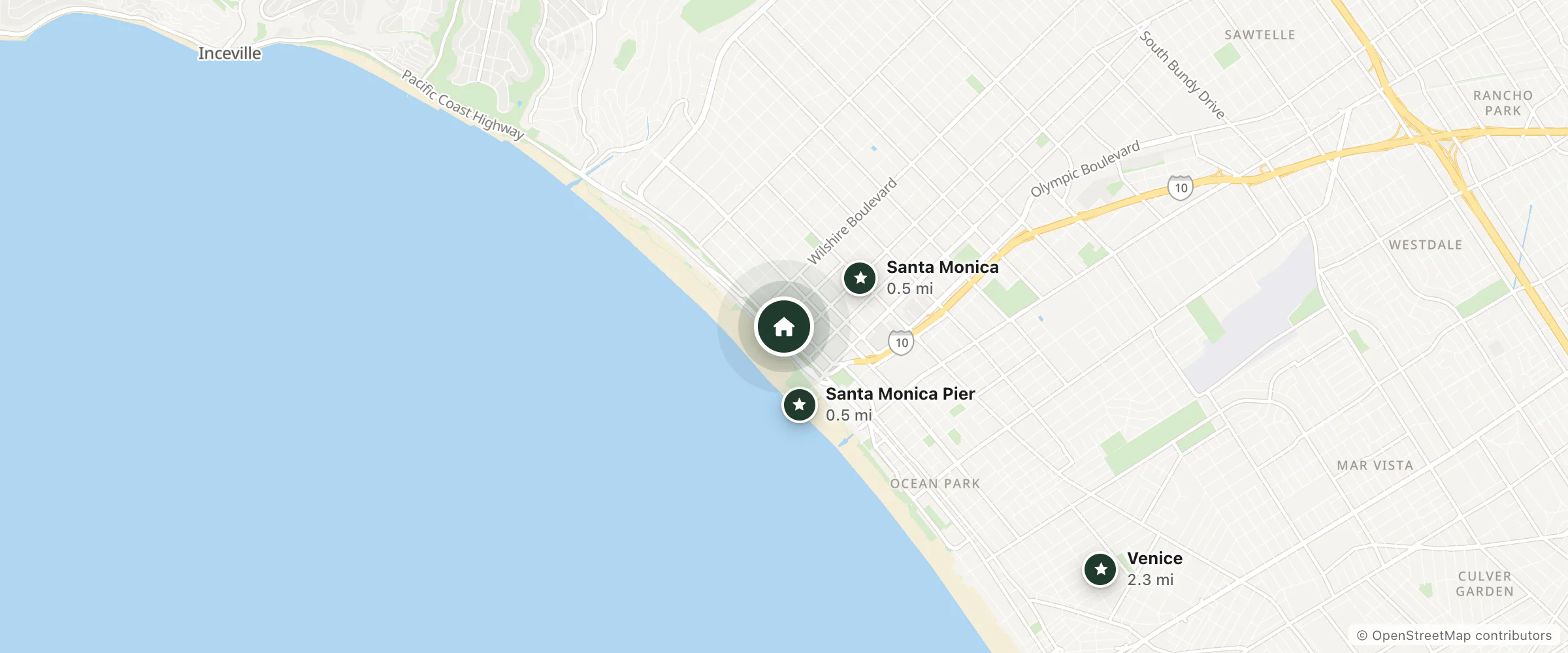 Map of The Eden and nearby Santa Monica Pier, Santa Monica and Venice