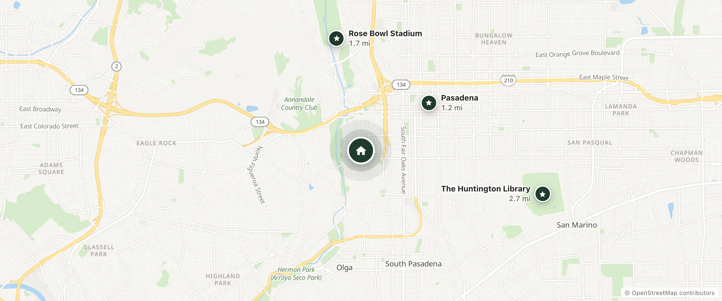 Map of Raymond Hotel and nearby Pasadena, Rose Bowl Stadium and The Huntington Library