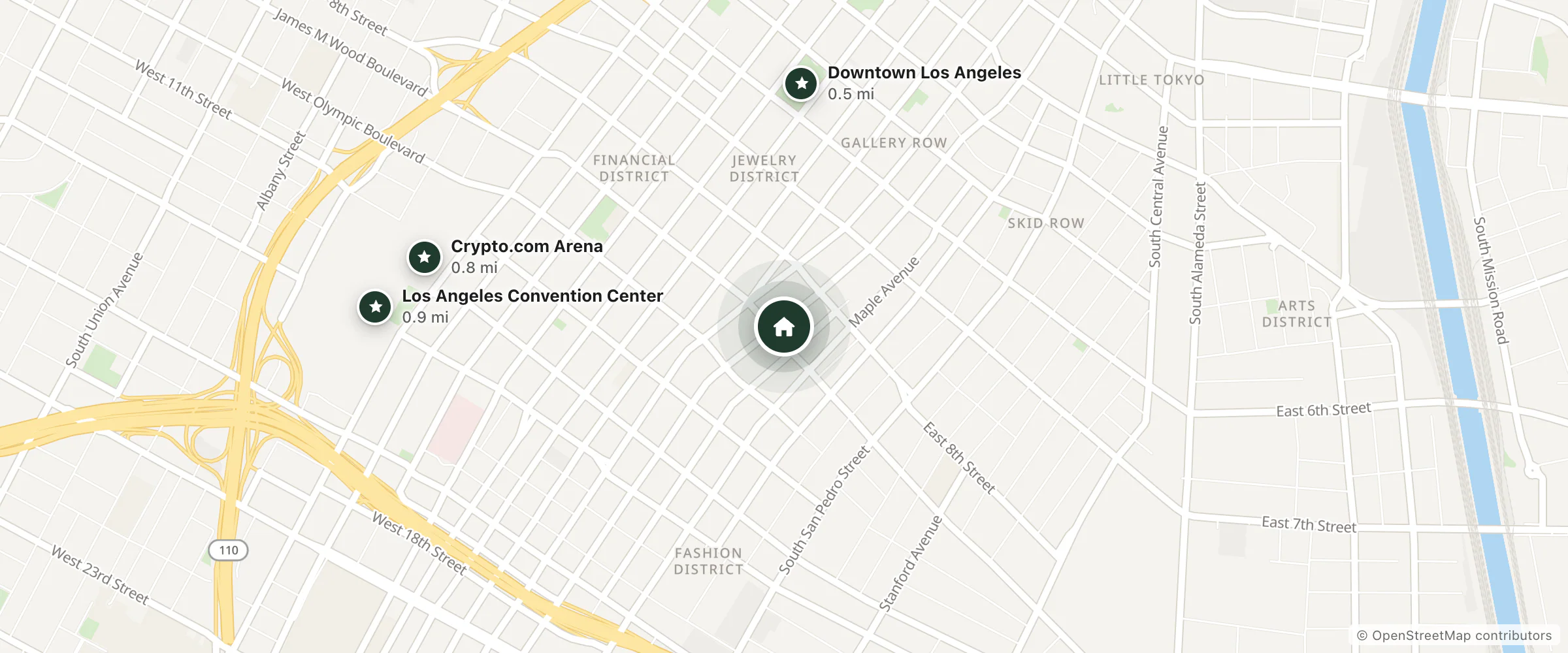 Map of Motel Rocks and nearby Downtown Los Angeles, Crypto.com Arena and Los Angeles Convention Center