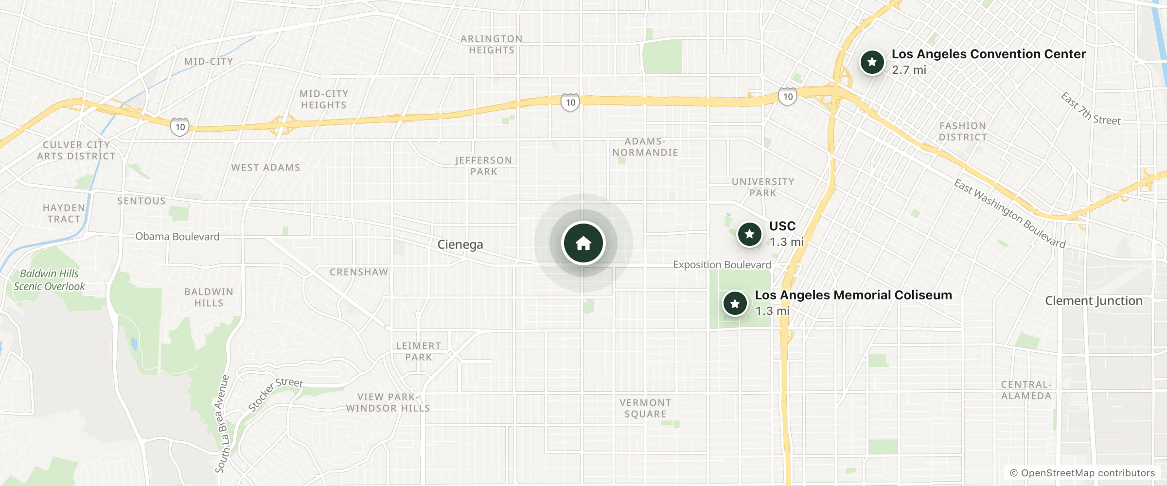 Map of Golden West Manor Motel and nearby Los Angeles Memorial Coliseum, USC and Los Angeles Convention Center