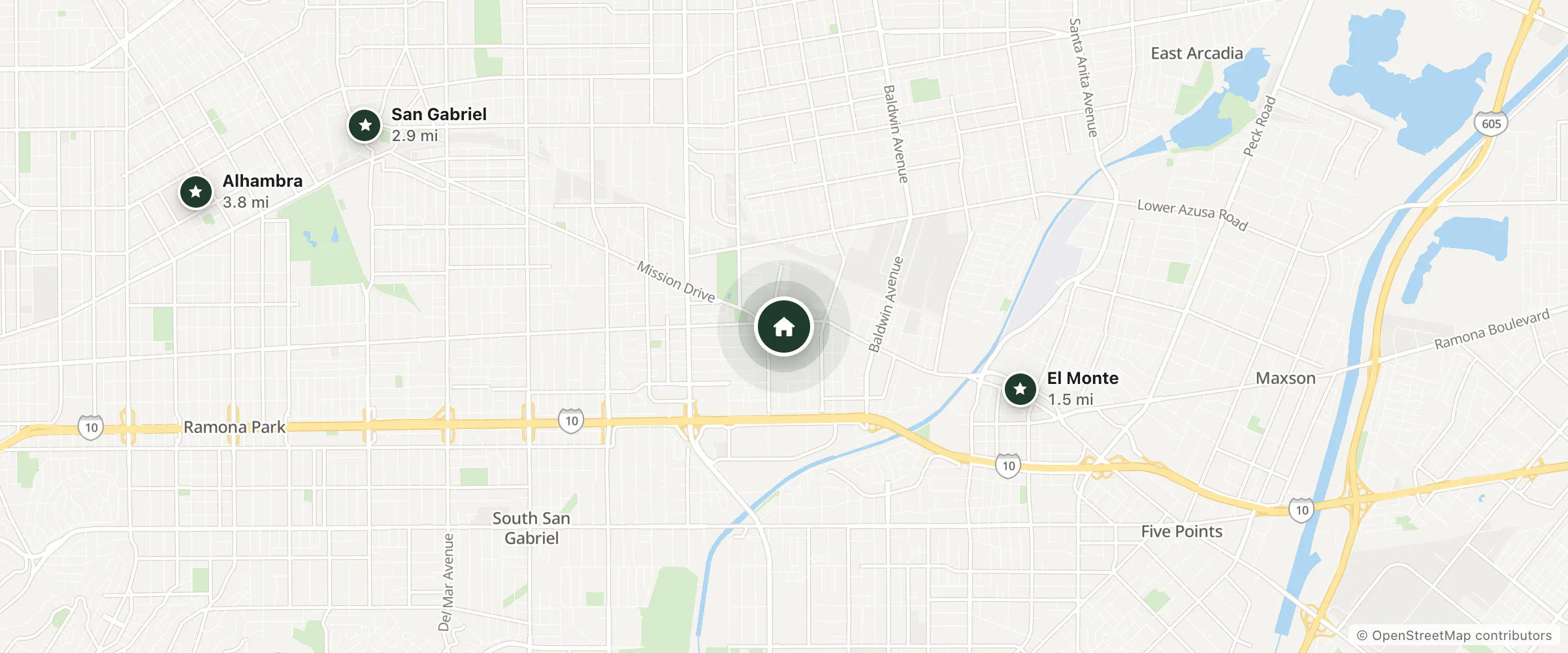 Map of Hotel California and nearby El Monte, San Gabriel and Alhambra