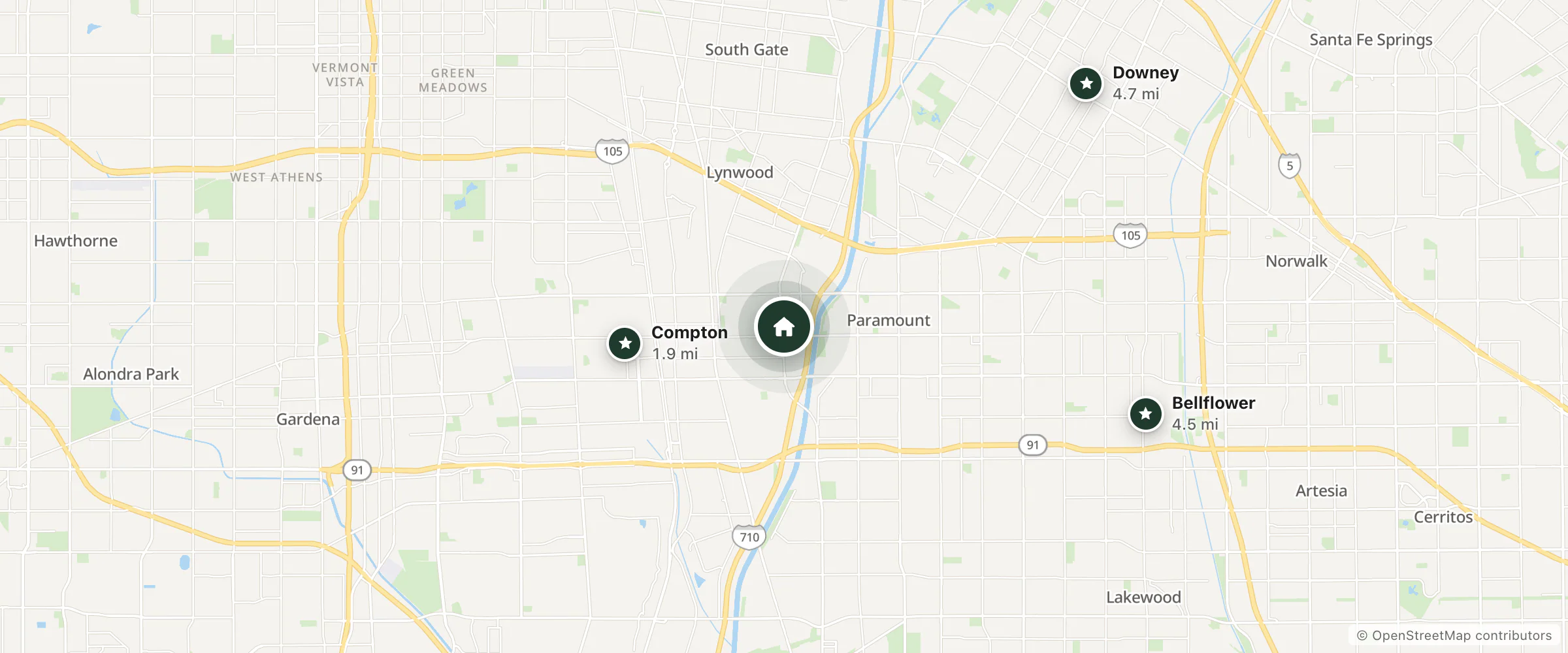 Map of Patio Motel and nearby Compton, Bellflower and Downey