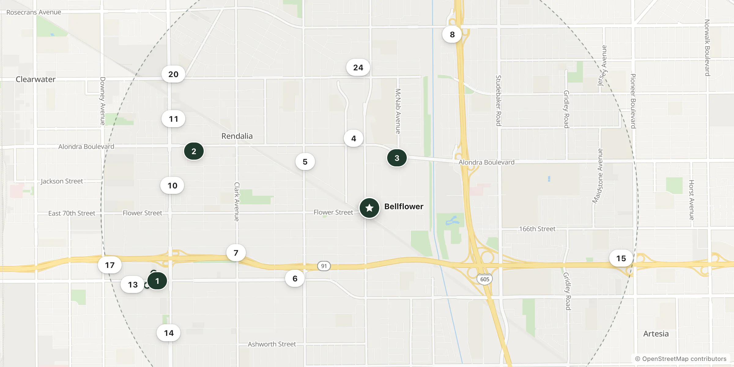 Map of hotels near Bellflower