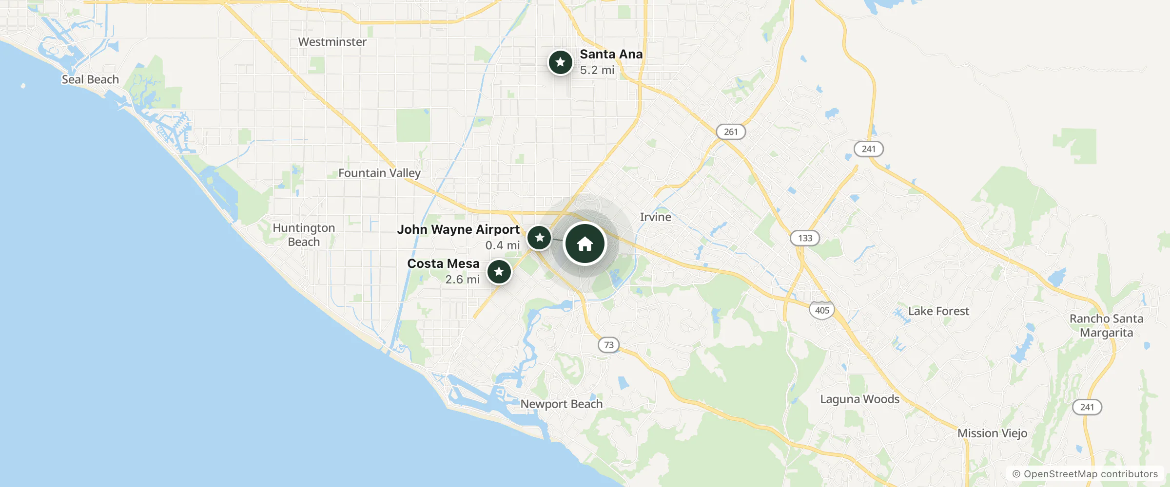 Map of Hilton Irvine and nearby John Wayne Airport, Costa Mesa and Santa Ana