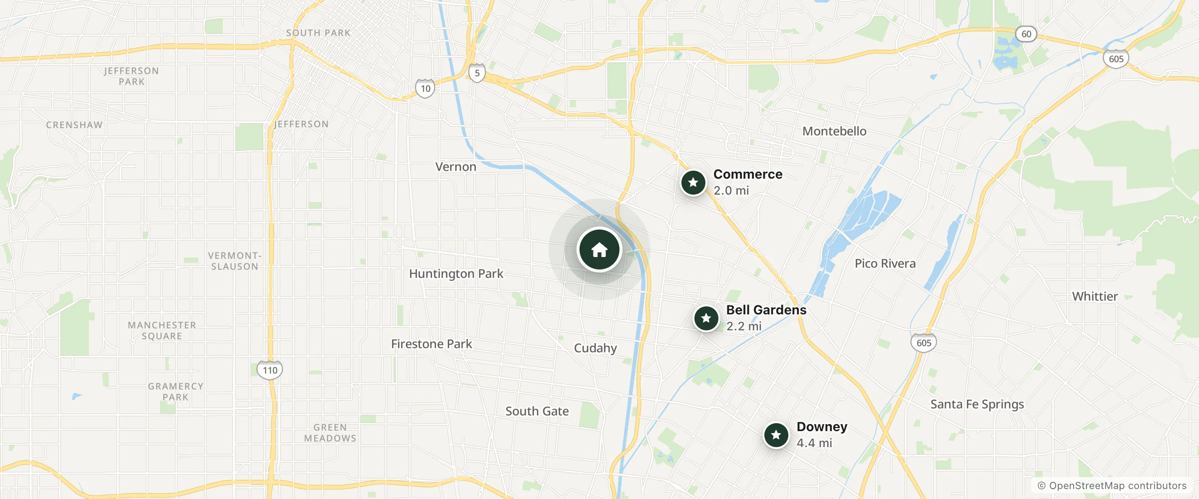 Map of Evans Motel and nearby Commerce, Bell Gardens and Downey