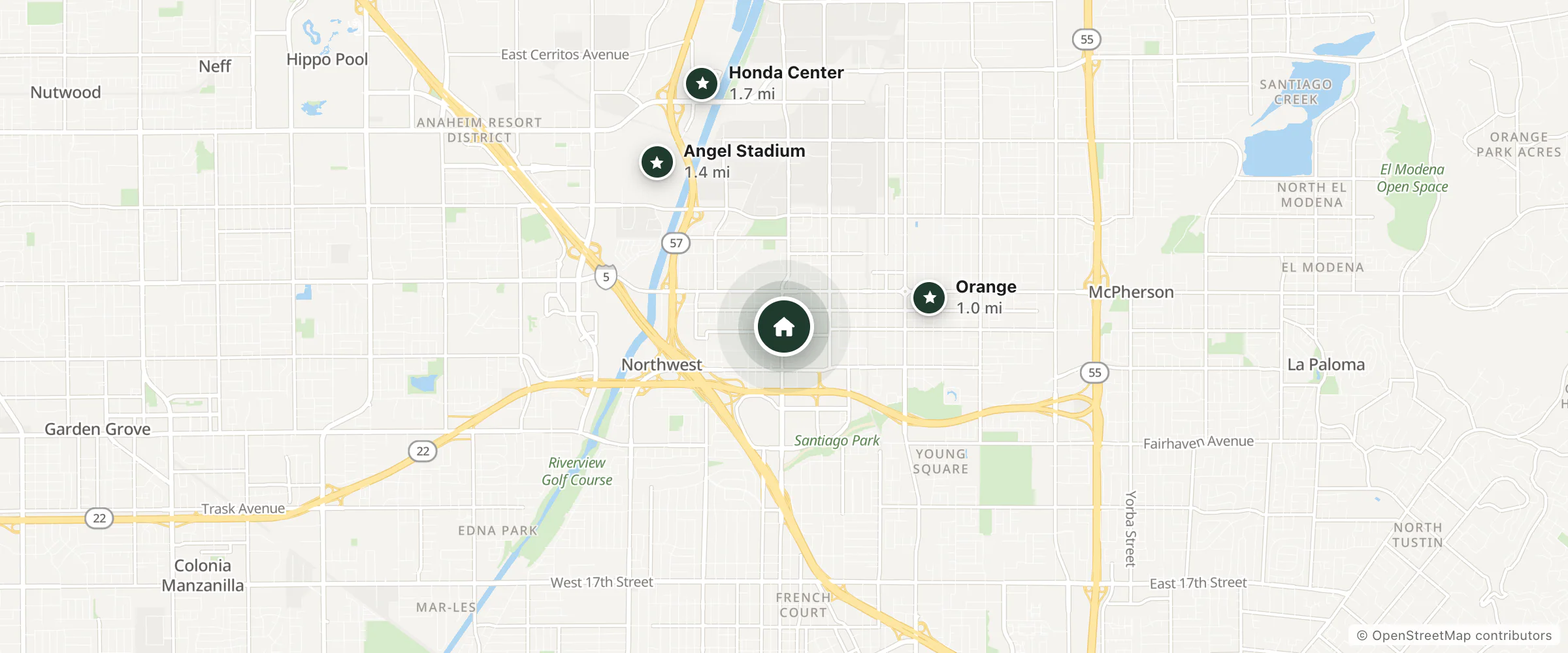 Map of Days Inn and nearby Orange, Angel Stadium and Honda Center