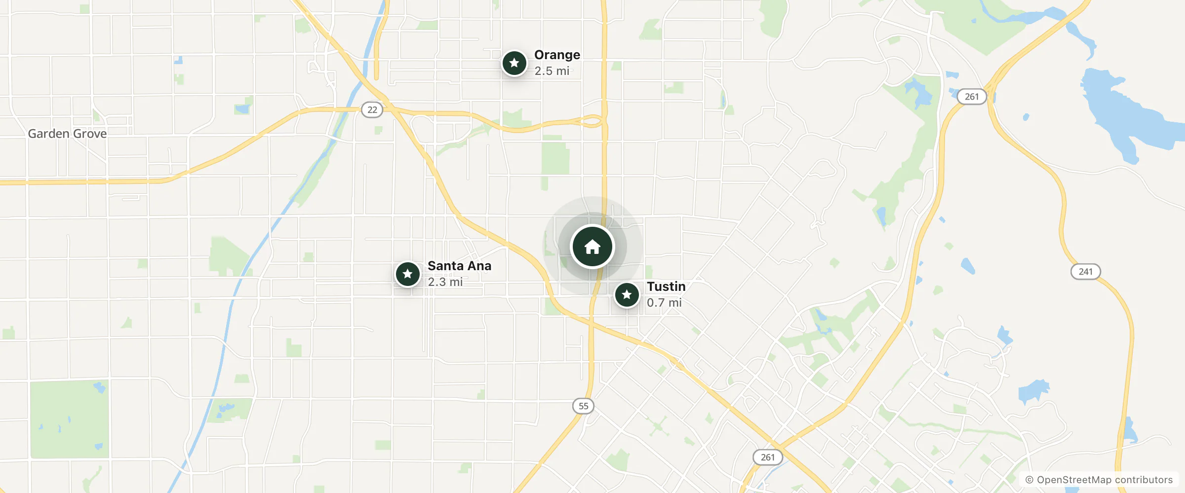 Map of Double Tree Hotel and nearby Tustin, Santa Ana and Orange