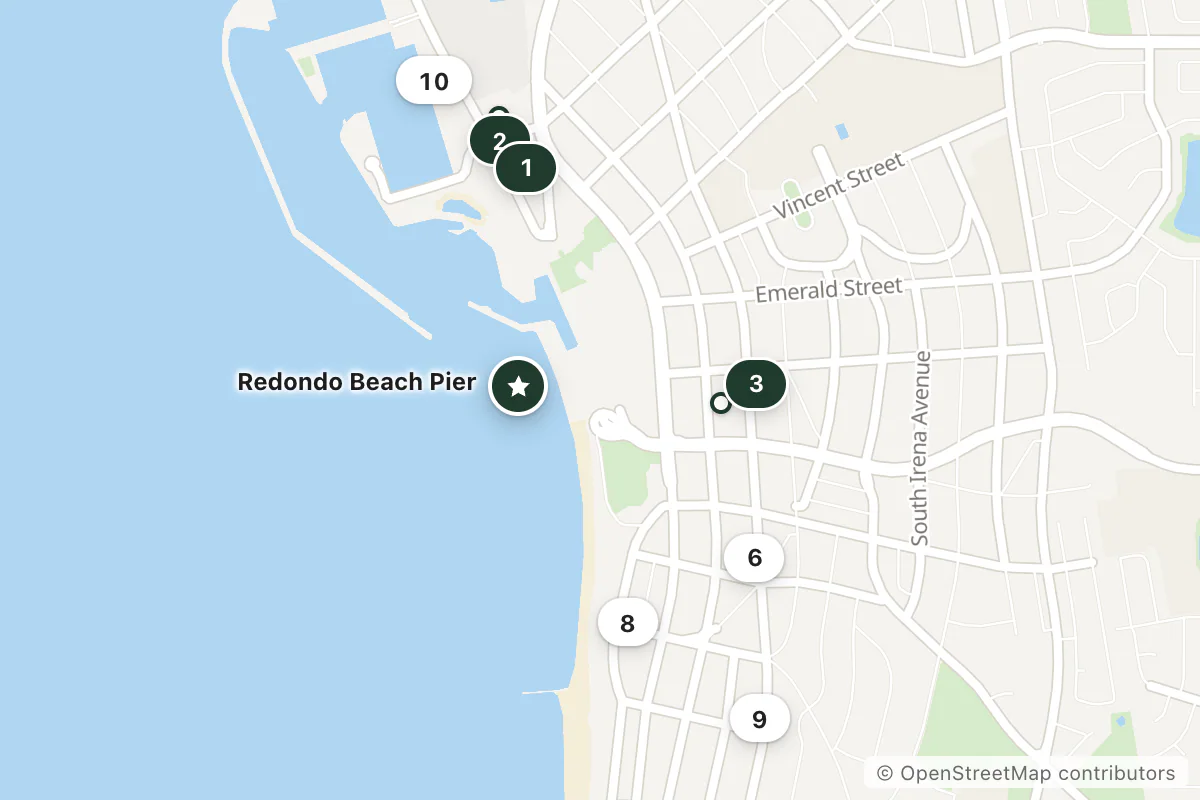Map of the top 11 hotels for this question around Redondo Beach Pier