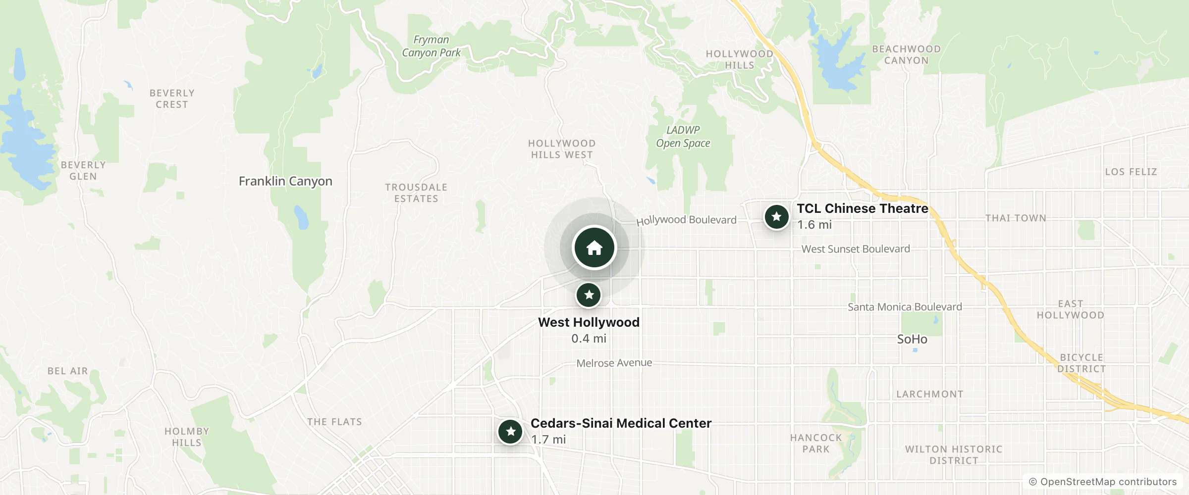 Map of Chateau Marmont and nearby West Hollywood, TCL Chinese Theatre and Cedars-Sinai Medical Center