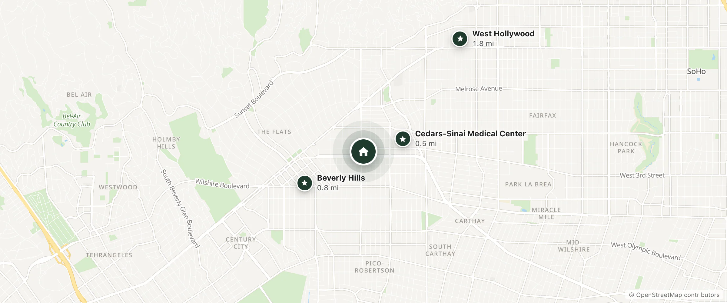 Map of Four Seasons Hotel Los Angeles At Beverly Hills and nearby Cedars-Sinai Medical Center, Beverly Hills and West Hollywood