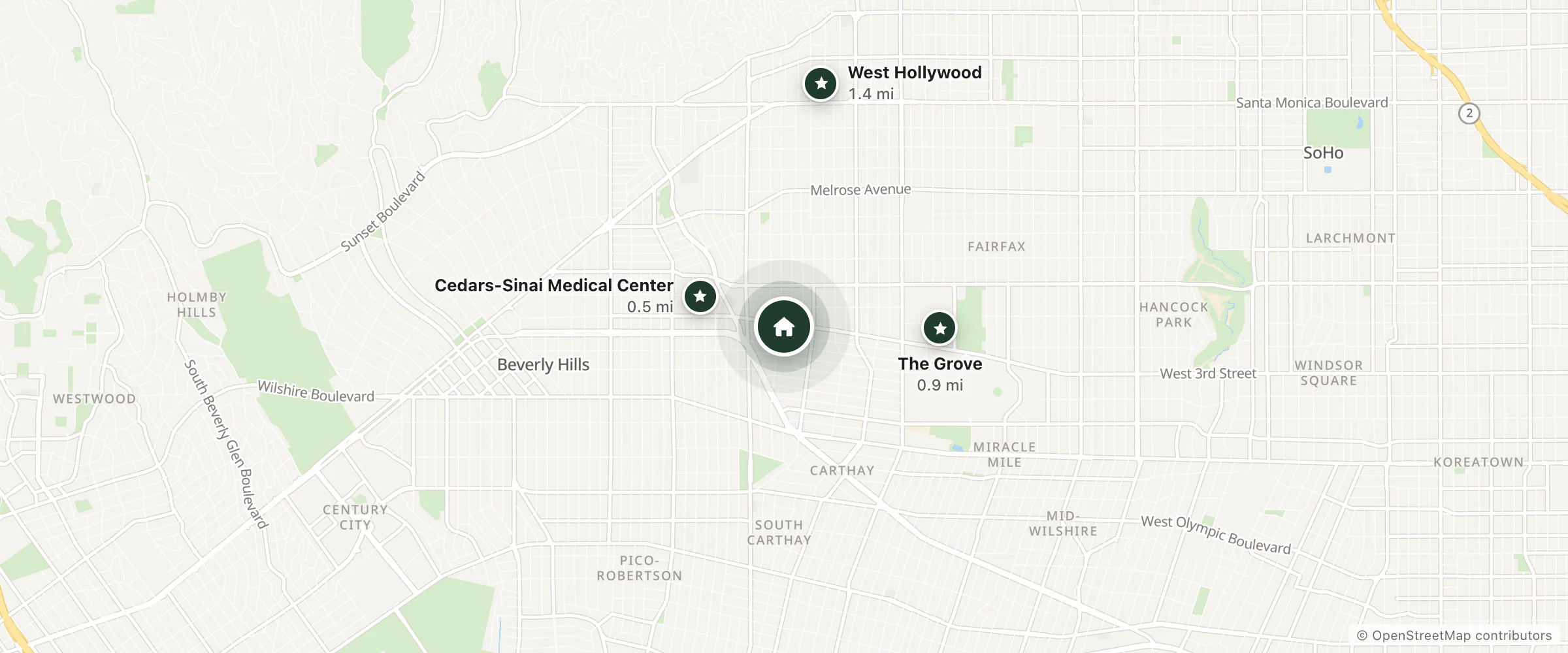 Map of Palihouse West Hollywood and nearby Cedars-Sinai Medical Center, The Grove and West Hollywood