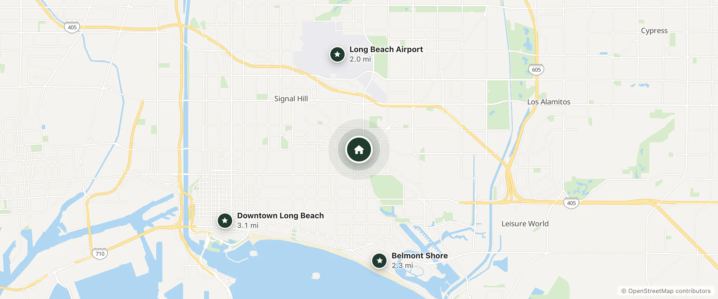 Map of Super 8 by Wyndham Long Beach and nearby Long Beach Airport, Belmont Shore and Downtown Long Beach