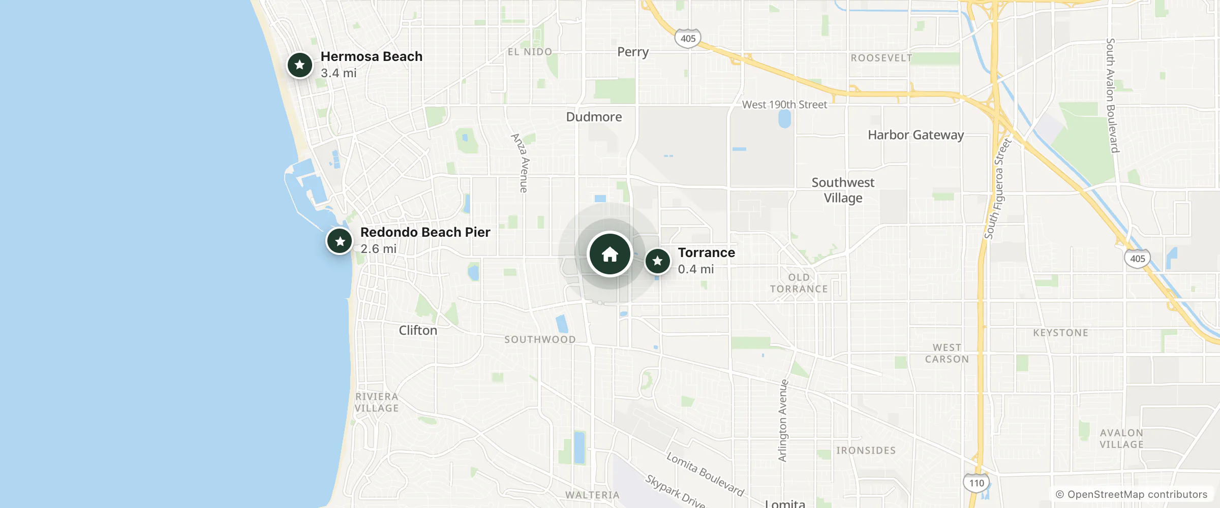 Map of Best Western Plus Avita Suites and nearby Torrance, Redondo Beach Pier and Hermosa Beach