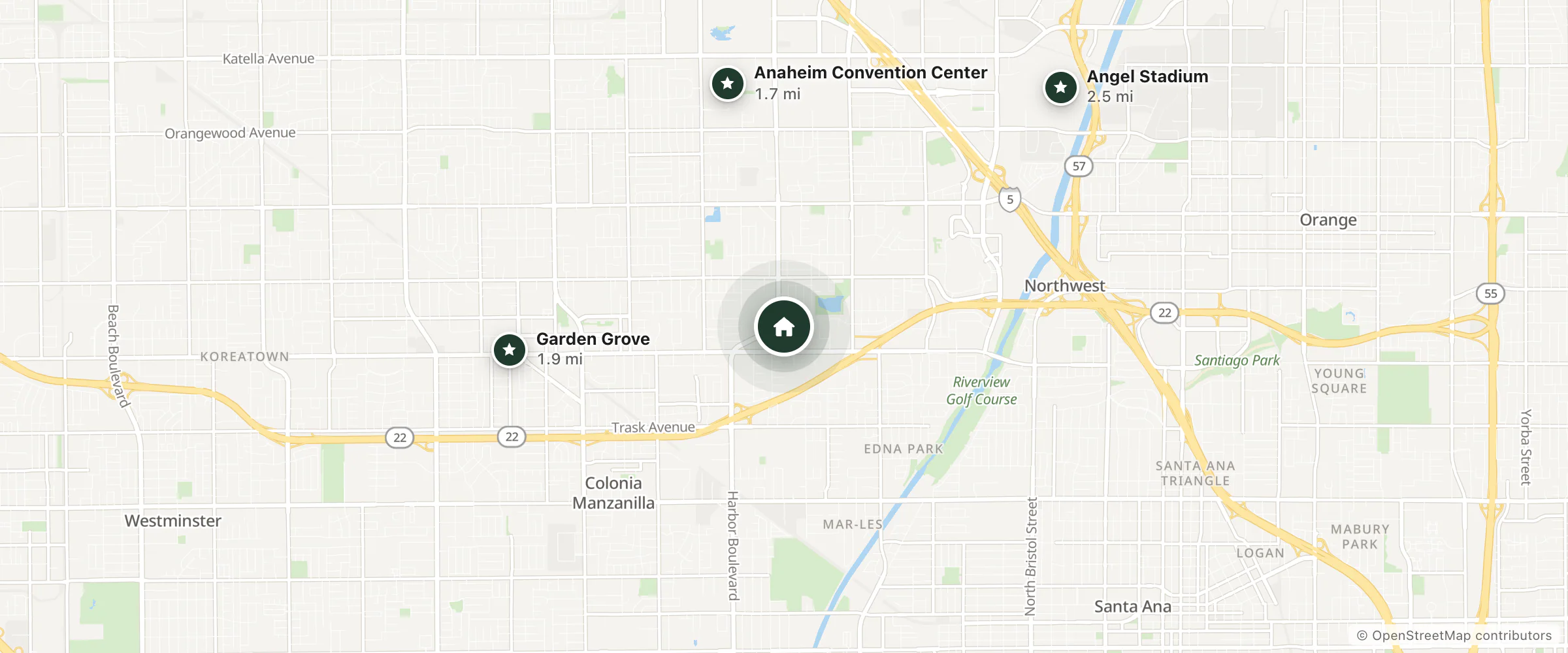 Map of Harbor Motel and nearby Anaheim Convention Center, Garden Grove and Angel Stadium