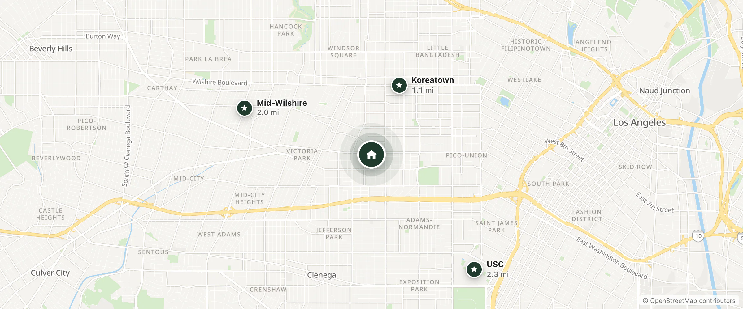 Map of Gramercy Place and nearby Koreatown, Mid-Wilshire and USC