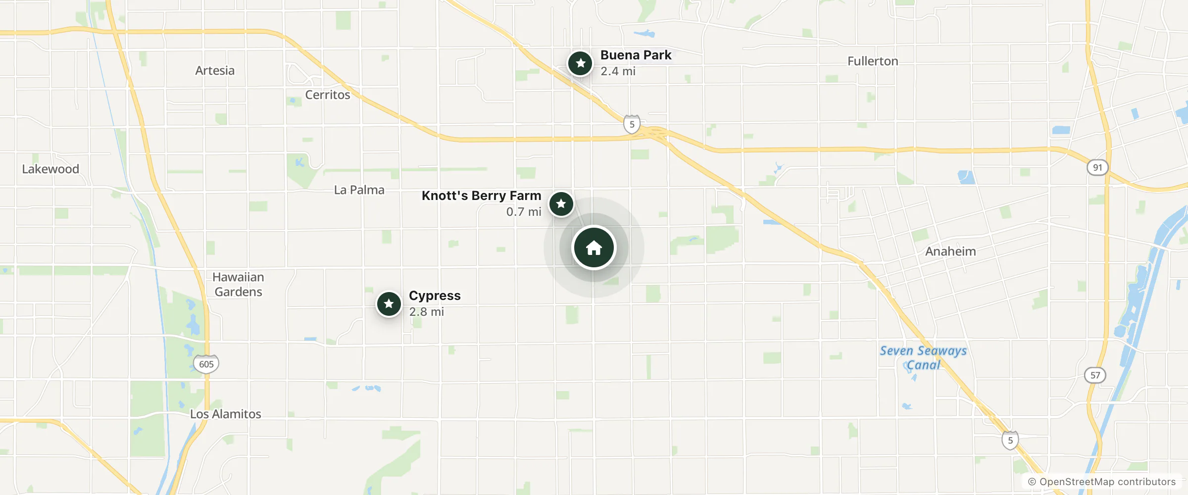 Map of Buena Vista Inn and nearby Knott's Berry Farm, Buena Park and Cypress